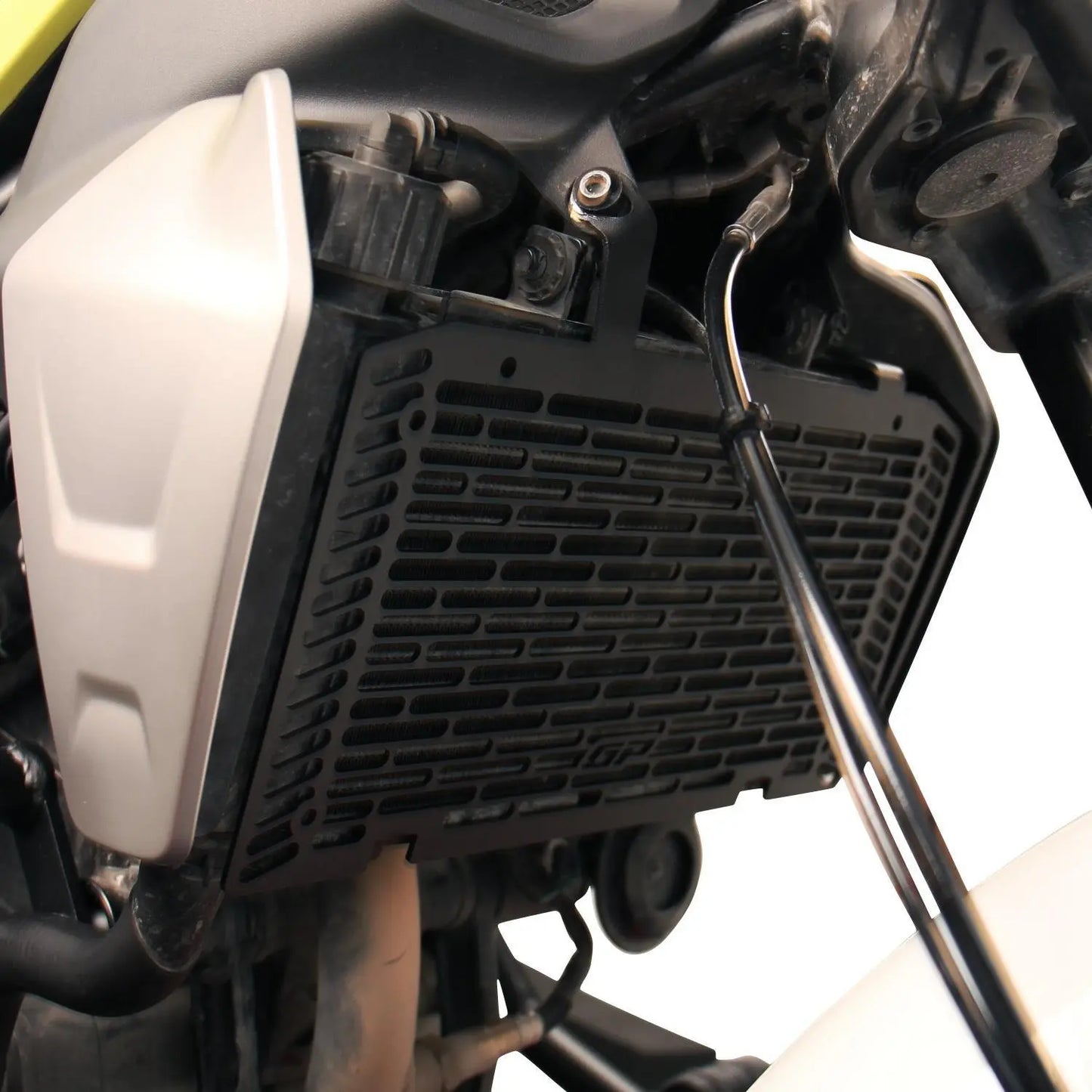Close-up of lightweight aluminum radiator guard for CFMOTO