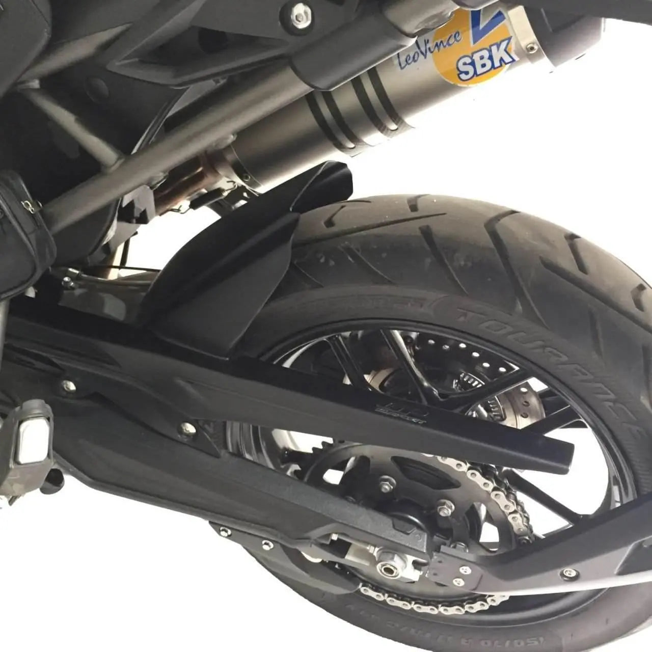 Triumph Tiger 800 rear fender made from black anodized ABS plastic.