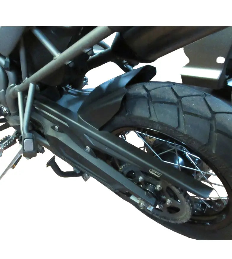 Side view of the installed rear fender on Triumph Tiger 800, offering splash protection.