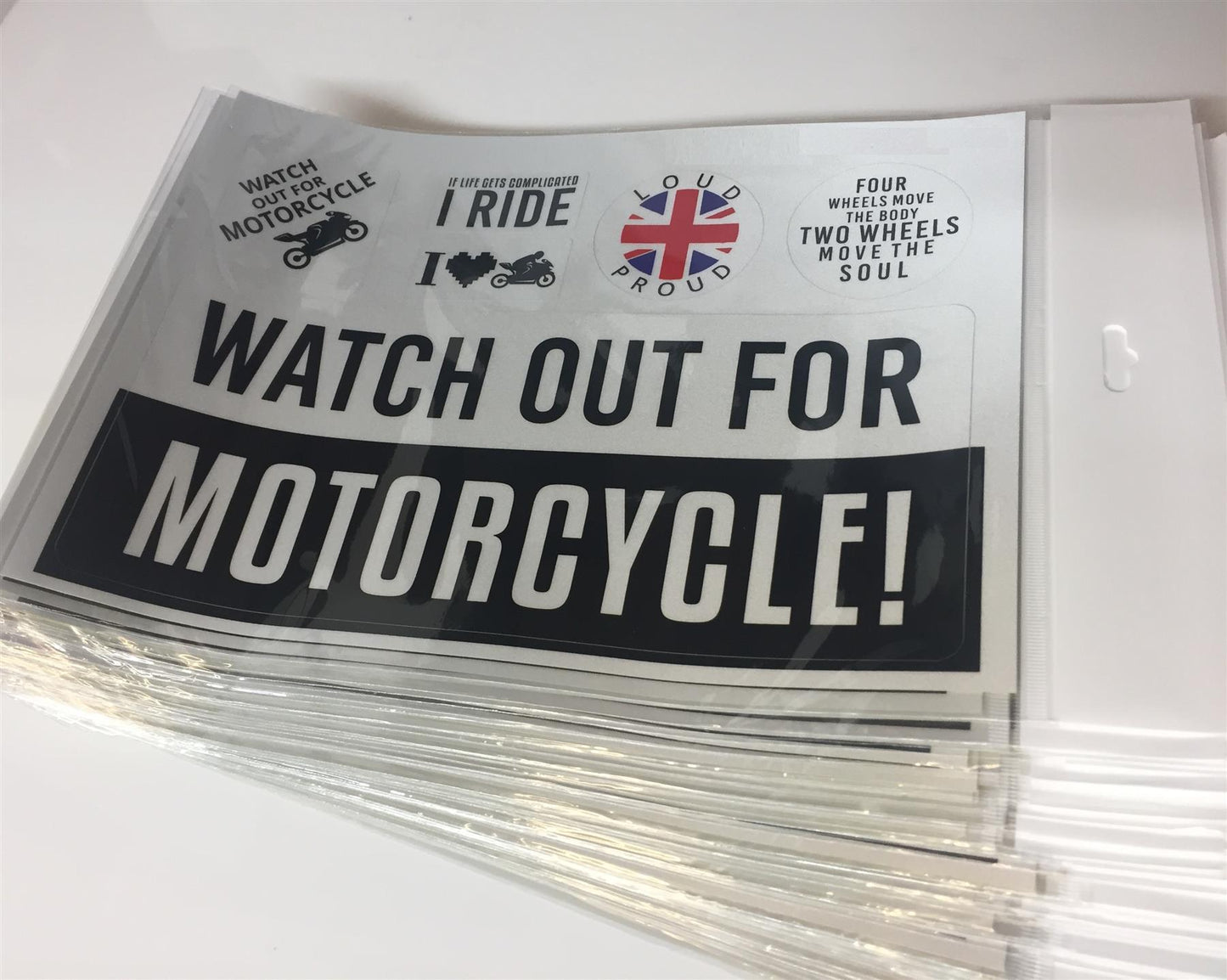WATCH OUT FOR MOTORCYCLE AND 5 MIX MOTORCYCLE STICKERS DECALS 29X21 CM