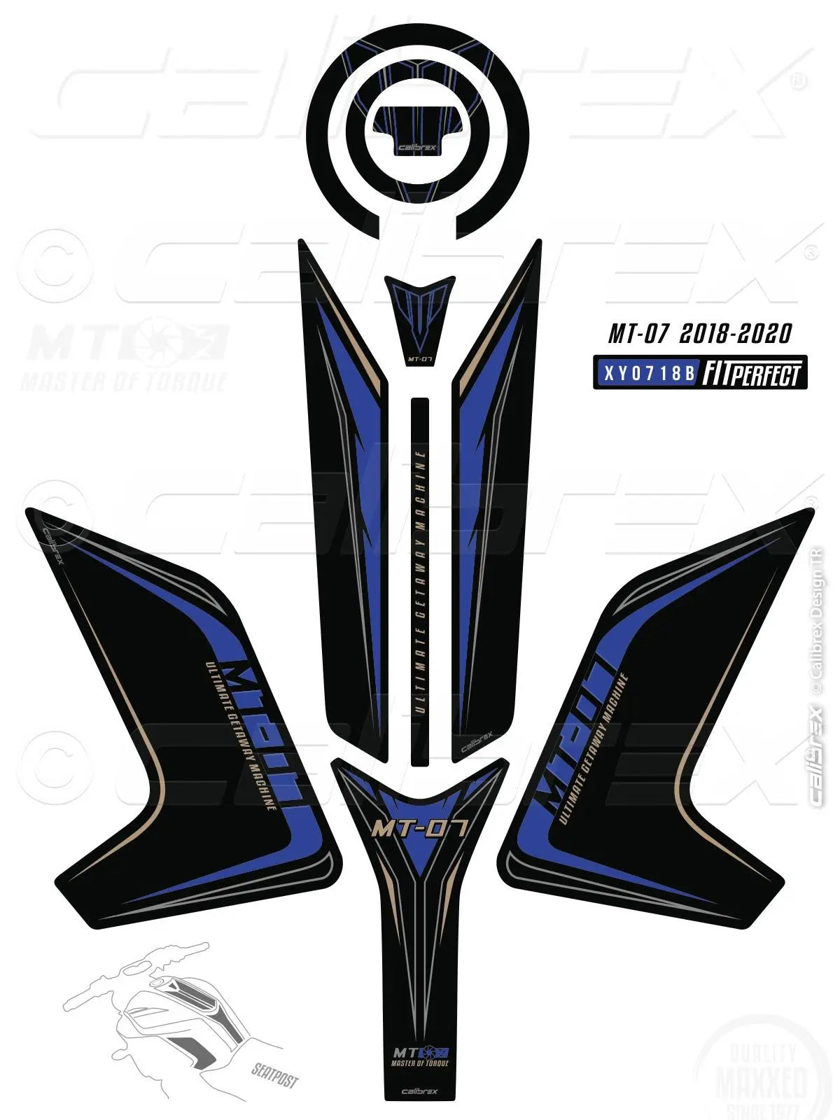 Yamaha MT07 tank/knee/gas cap pad trio blue protection set 18-20